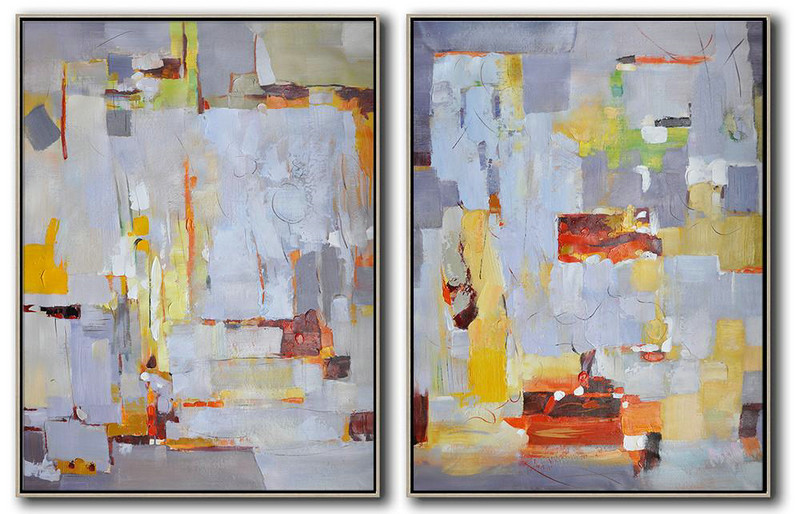Extra Large 72" Acrylic Painting,Set Of 2 Contemporary Art On Canvas,Acrylic Painting Canvas Art,Grey,White,Yellow,Red.Etc